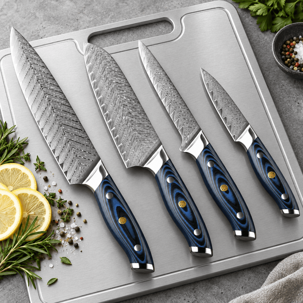 Azure Damascus Knife Set (Set of 4) - Cooklico