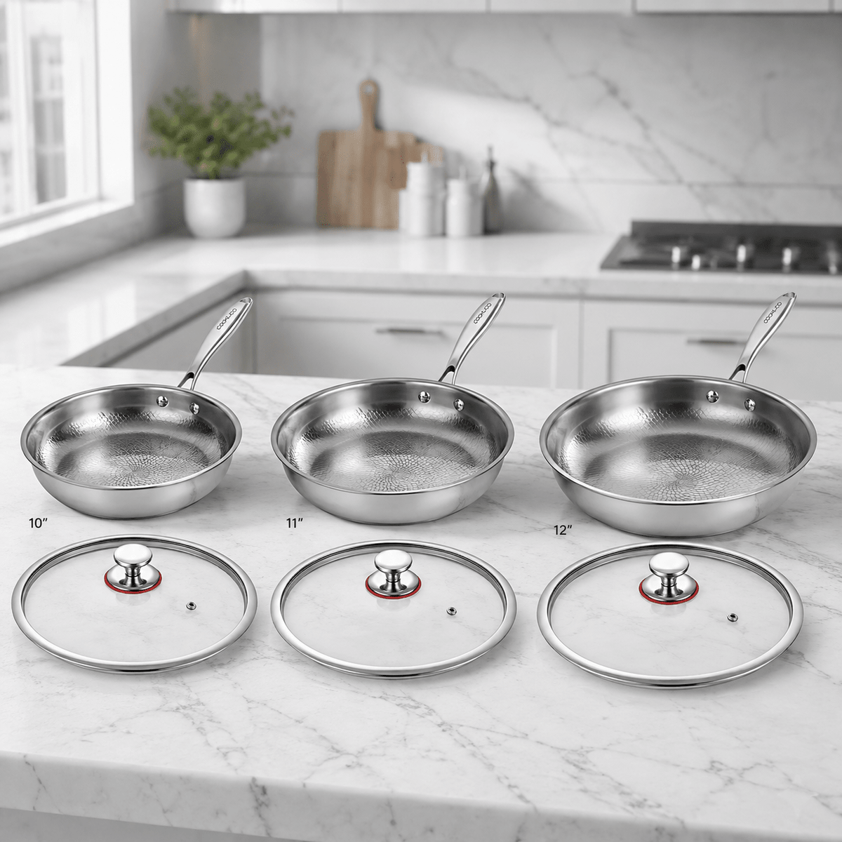 Titanium Hammered Pan Set With Lids | 6-Pcs - Cooklico