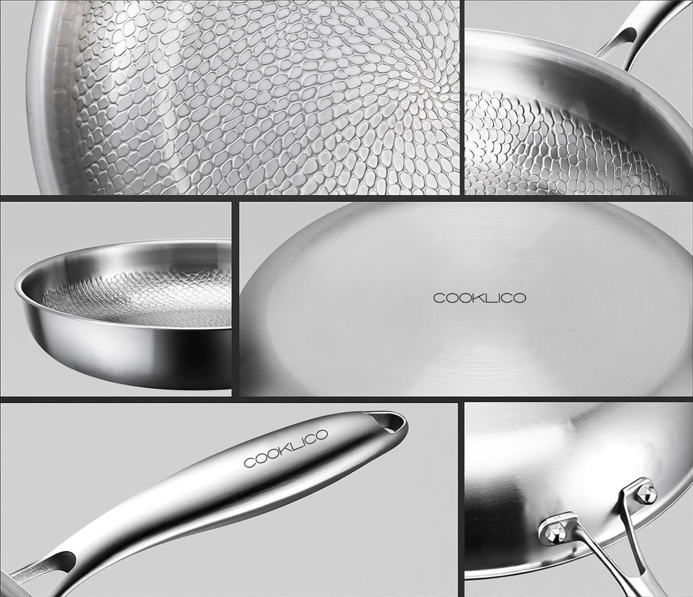 Multiple angles of the Cooklico PureTitaniumPro™ cooking pan showing its sleek titanium surface and ergonomic handle.